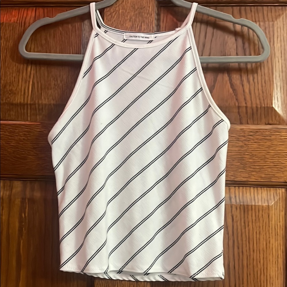 Forever 21 White and Black Striped Crop Tank Top